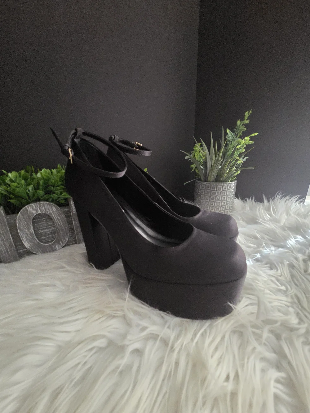 Artem Black Silk Sky High Platform Ankle-Strap Heels. Size 8